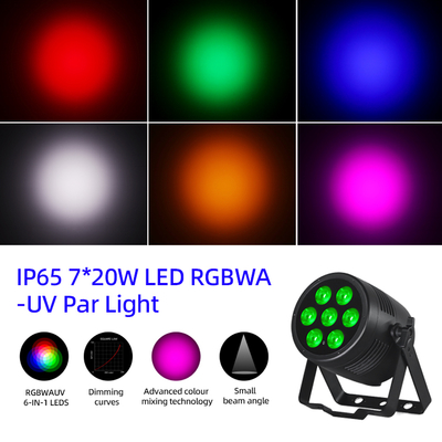 Projecteur PAR LED extérieur IP65 étanche RGBWA-UV 6-en-1 de 7*20W, contrôle DMX 512