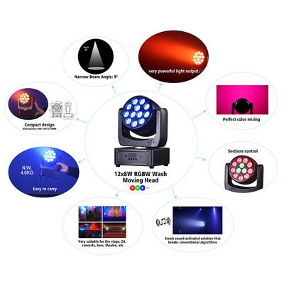 12*8W LED à tête mobile DJ Light RGBW Wash Beam DMX512 Éclairage de scène activé par le son pour mariages Fêtes de discothèque