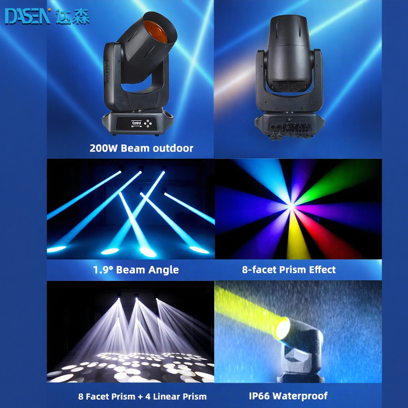 Nouveau modèle LED 200W avec huit roues de couleurs Effect Stage Light Beam Moving Head Light Dj Club Événement de scène