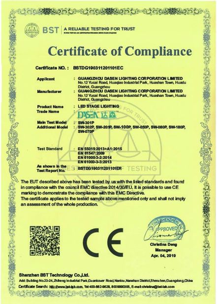 Chine Guangzhou Dasen Lighting Corporation Limited certifications